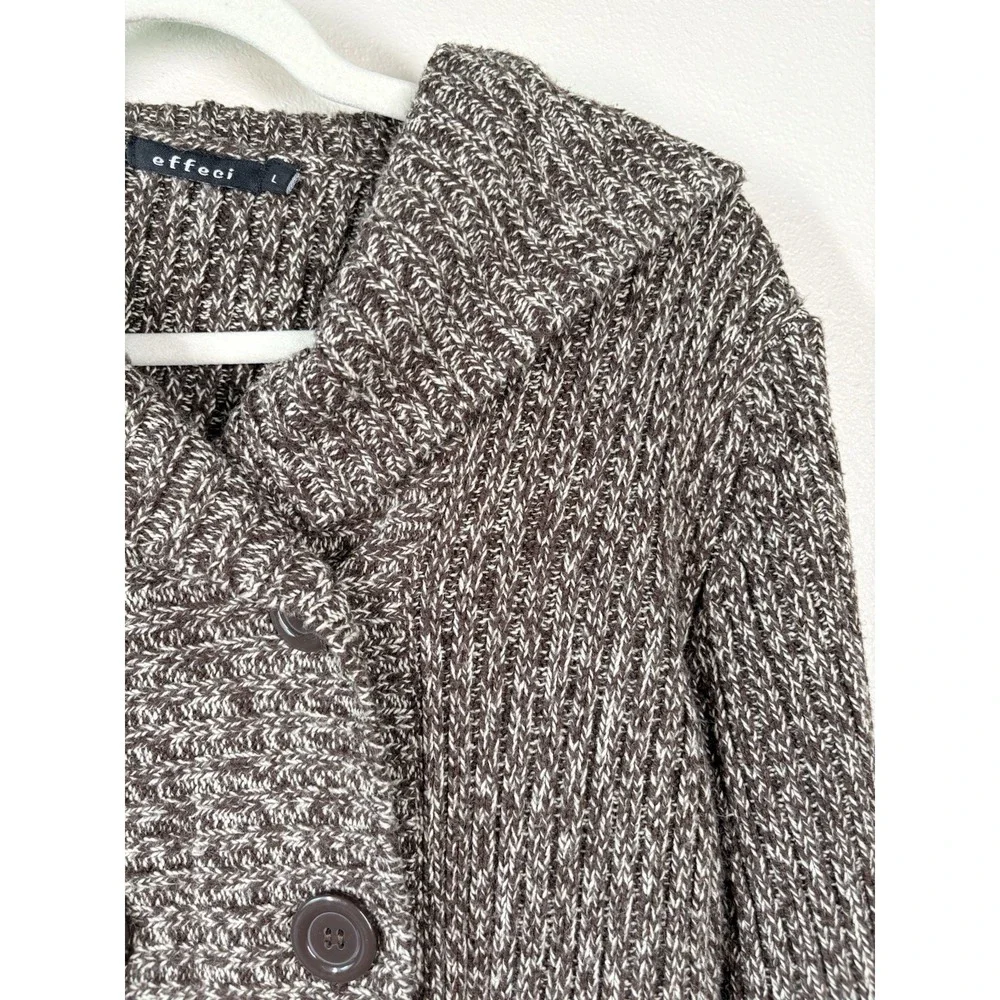 Women's  Large EFFECI Sweater Brown‎ /White Knit Hooded Double Buttons